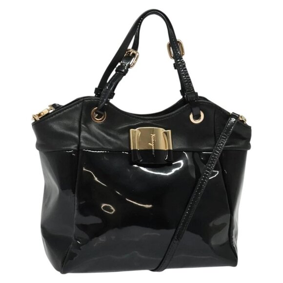Salvatore Ferragamo Vala Hand Bag Enamel 2way Black Gold Auth bs28916